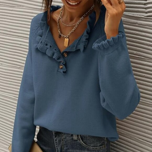BTFBM Sweaters - BTFBM Women's Ruffle Crew Neck Sweater Blue | Large